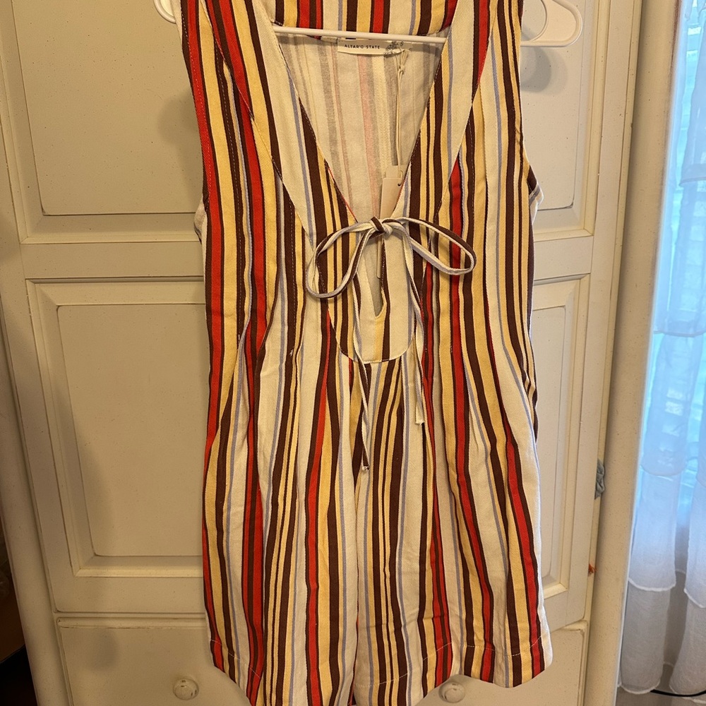 Altar'd State Cream, Red & Brown Striped Tie-Front Romper